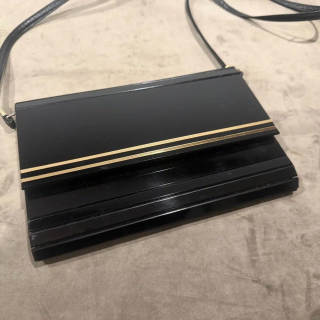 1970s Black Rodoide, Brass and Leather Italian Evening Bag For Sale - Image 10 of 15
