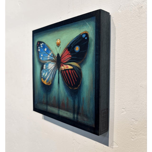 Contemporary Hybrid Butterfly 44 by Stacy D'Aguiar | Acrylic on wood depicting a colorful butterfly with patterns. For Sale - Image 3 of 5