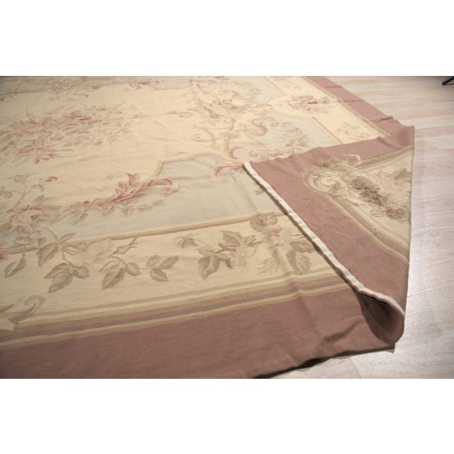 Beige 9x11 Vintage Aubusson Flat Weave Wool Rug, Pastel Rose Bouquet For Sale - Image 8 of 14
