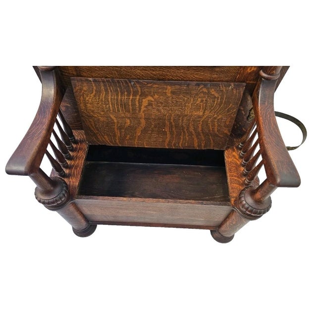 Monumental Antique American Tiger Oak Hall Tree With Mirror & Lift-Top Seat, C. 1890s For Sale - Image 14 of 18
