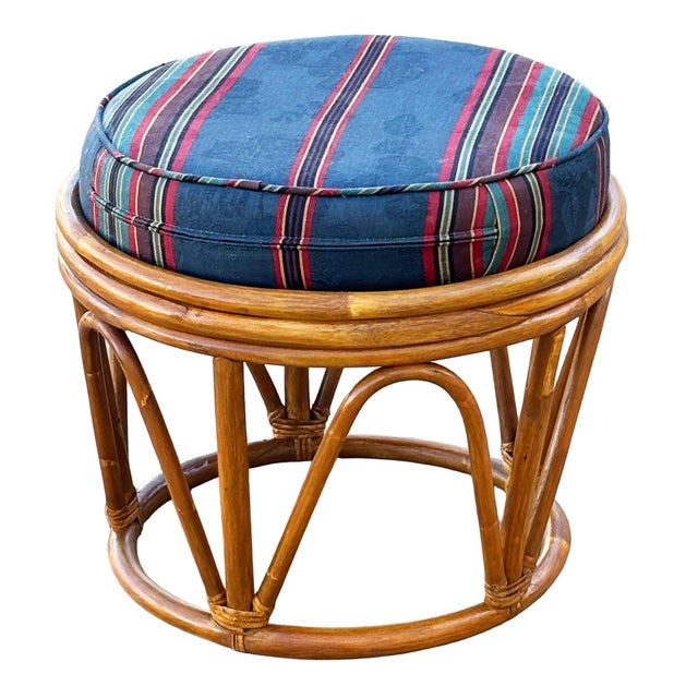 Mid-Century Modern 1950s Restored Rattan Footstool With Striped Jacquard Navy Cushion For Sale - Image 3 of 6