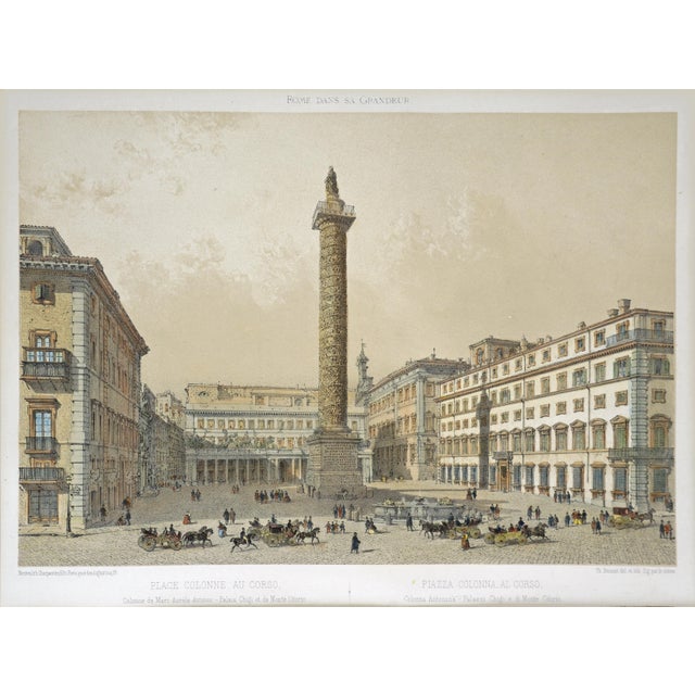 Antique tinted lithograph depicting Piazza Colonna in Rome, titled Piazza Colonna al Corso, first created circa 1870 by...