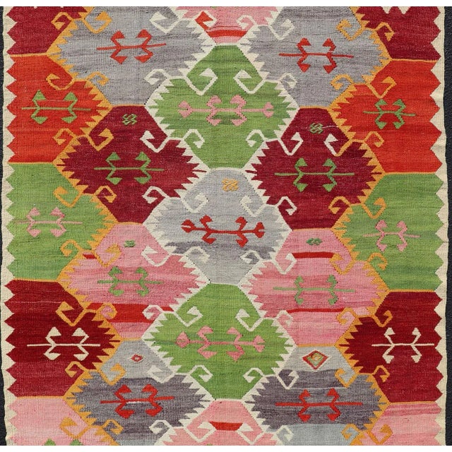 Mid 20th Century Vintage Turkish Kilim With Bright & Colorful Geometric Diamond Design For Sale - Image 4 of 12