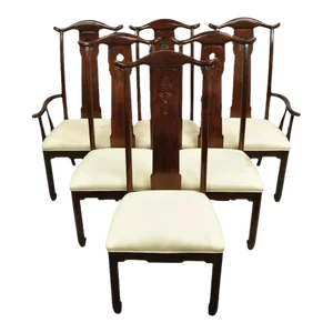 Late 20th Century Vintage Chinese Oriental Ming Style Mahogany Pagoda Dining Chairs - Set of 6