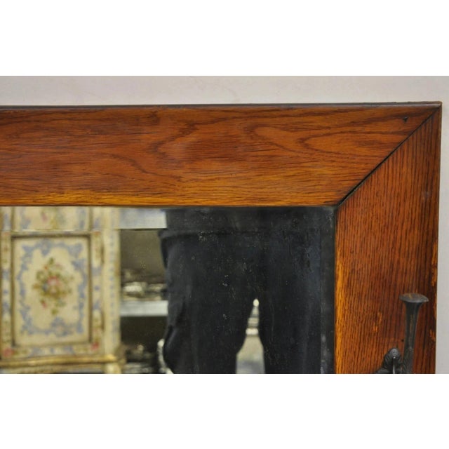 Wood Antique Arts & Crafts Mission Oak Wood Beveled Glass Hall Mirror Iron Coat Hooks For Sale - Image 7 of 12