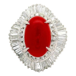 Red Coral Diamond Platinum Ballerina Ring, Size 8 For Sale