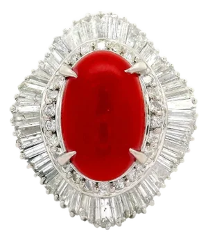 Red Coral Diamond Platinum Ballerina Ring, Size 8
