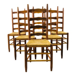 Vintage Ladder Back Dining Chairs With Rush Seats, Set of 6 For Sale