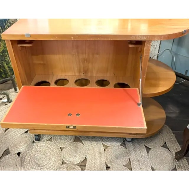 Mid Century Art Deco Inspired Rolling Bar Cart With Drop Front and Glass Bar Storage on the Reverse. For Sale - Image 9 of 9