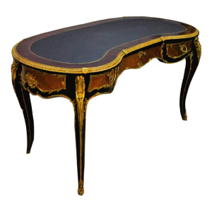 French Louis XV Writing Desk With Black Leather Top, Marquetry Inlay & Gilded Bronze Mounts