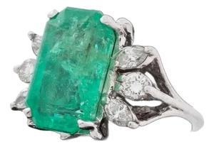14k White Gold, Emerald & Diamond Ring