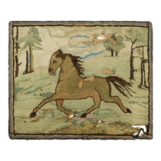 Antique Hooked Rug With Horse Pictorials in Blue and Cream From Rug & Kilim For Sale