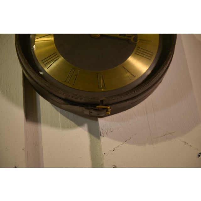 Metal Black Leather and Brass Clock by Jacques Adnet, 1950s For Sale - Image 7 of 11
