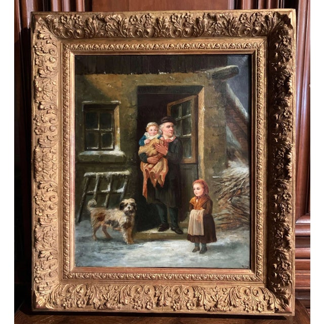 19th Century French Genre Oil Painting of Family Winter Scene With Dog For Sale - Image 12 of 12
