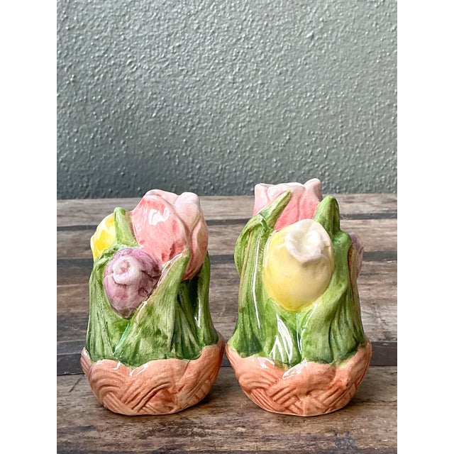 Contemporary Vintage Glazed Ceramic Tulip Salt and Pepper For Sale - Image 3 of 12