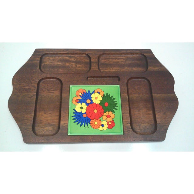 Mid-Century Modern Mid Century Carved Hardwood Tile Tray For Sale - Image 3 of 9