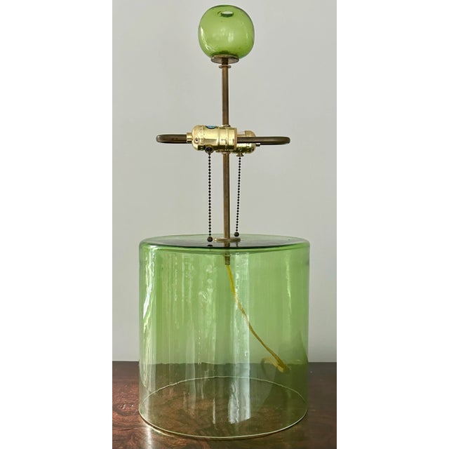 Vintage Stray Dog Design Contemporary Style Handblown Art Glass Lamp With Blue Tole/Metal Drum Shade For Sale - Image 9 of 12