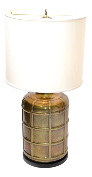 Vintage Round Brass and Ebonized Wood Table Lamp Mid-Century Modern