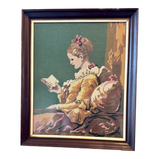 Vintage Danish Needlepoint Art – Woman Reading – Framed Under Glass (C. 1960s–1970s) For Sale