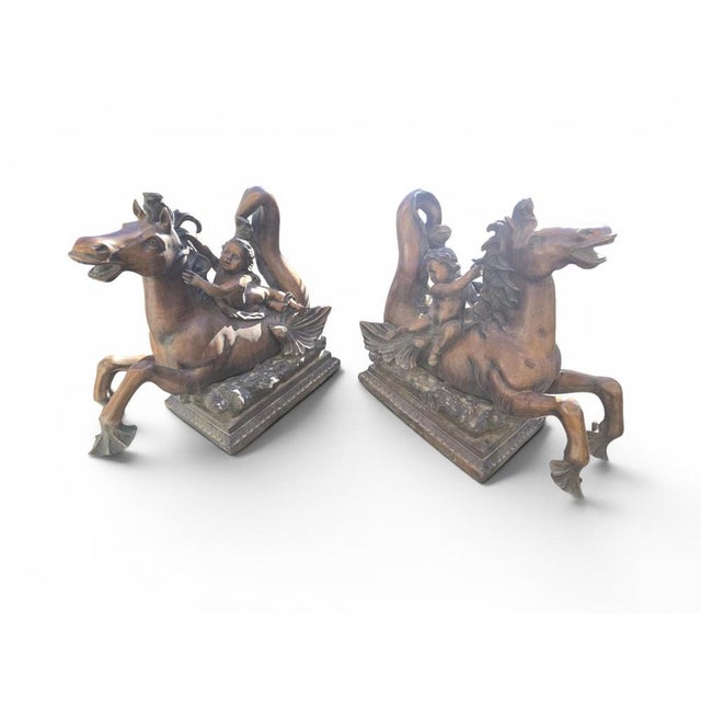 Metal Mythological Sculptures Depicting Putti Riding Seahorses, 1950, Bronze, Set of 2 For Sale - Image 7 of 11