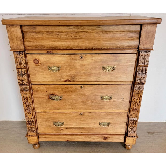 Antique Scottish Pine 4 Drawer Chest of Drawers With Ornate Frame Moulding and Brass Handles From England - Circa 1880 For Sale - Image 13 of 13
