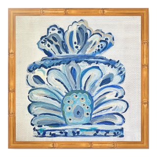 Original Framed Oil Acrylic Blue and White Vase Painting, Organic Boho Art Floral Wall Art, 13" X 13" by Tatiana Duperault For Sale
