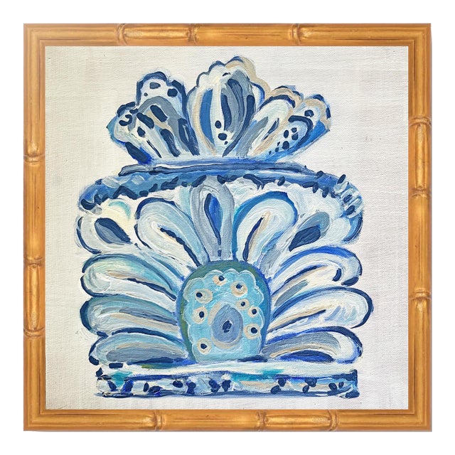 Original Framed Oil Acrylic Blue and White Vase Painting, Organic Boho Art Floral Wall Art, 13" X 13" by Tatiana Duperault For Sale