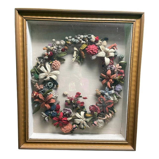 Late 19th Century Victorian Felt Art Memorial Wreath in Shadow Box For Sale