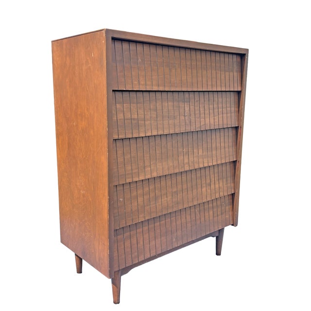 Vintage Mid Century Modern Tall Highboy Dresser in Tessellated Layered Design Chest of Drawers Lots of storage