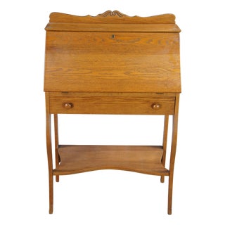 Antique Late Victorian Petite Oak Slant Top Secretary Ladies Writing Desk 28" For Sale