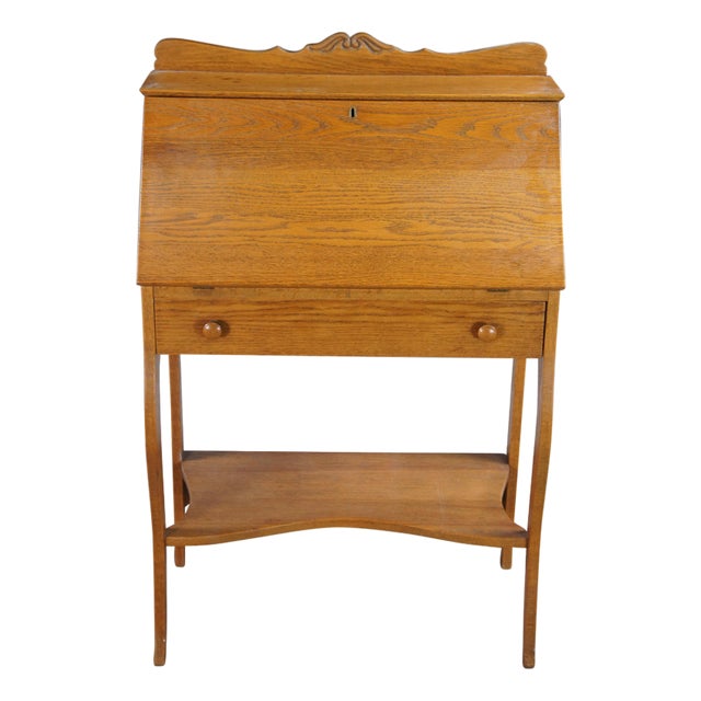 Antique Late Victorian Petite Oak Slant Top Secretary Ladies Writing Desk 28" For Sale