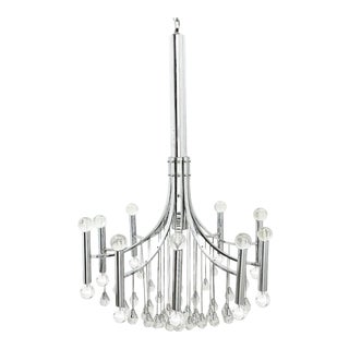 1970's Large Italian Gaetano Sciolari Style Chrome Ten Light Chandelier With Glass Pendants For Sale