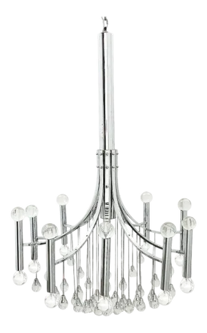 1970's Large Italian Gaetano Sciolari Style Chrome Ten Light Chandelier With Glass Pendants