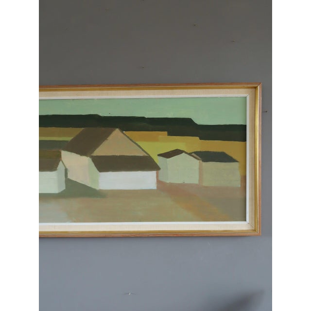 Textile 1967 Mid-Century Modern 'Golden Fields' Vintage Swedish Geometric Abstract Landscape Oil Painting, Framed For Sale - Image 7 of 15