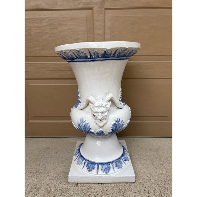 Monumental Blue & White Majolica Grecian Urn With Jupiter Ammon Motifs For Sale - Image 16 of 17