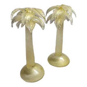 20th C Oggetti Murano Gold Leaf Glass Palm Tree Candle Holders - a Pair