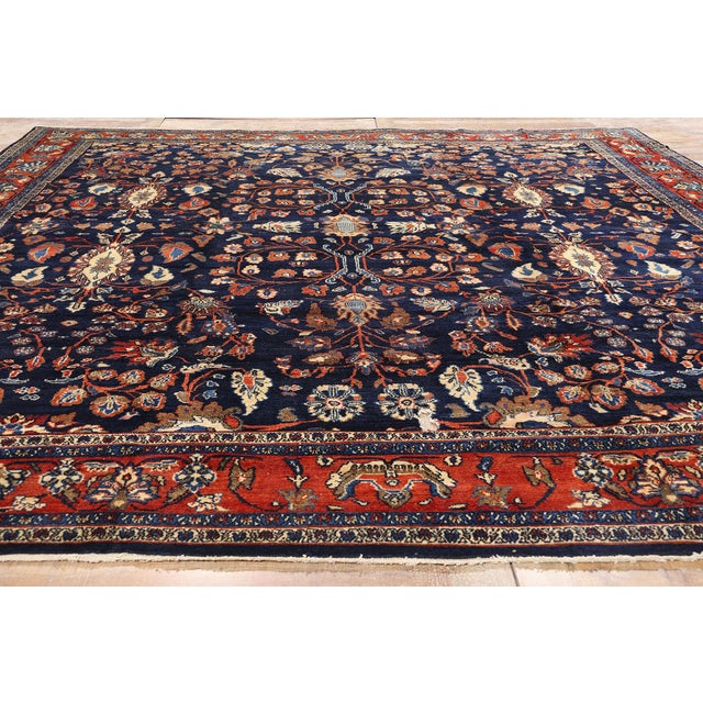 Navy Blue Antique Persian Bibikabad Rug - 10'08 X 12'08 For Sale - Image 8 of 9