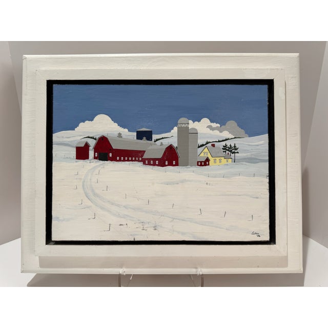Pair of signed folk art farm landscape paintings depicting red barns and silos in contrasting seasonal scenes, one with...