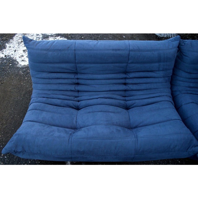 Refurbished 5-piece togo sofa set in blue microfiber pre-owned, independently refurbished and professionally reupholstered...