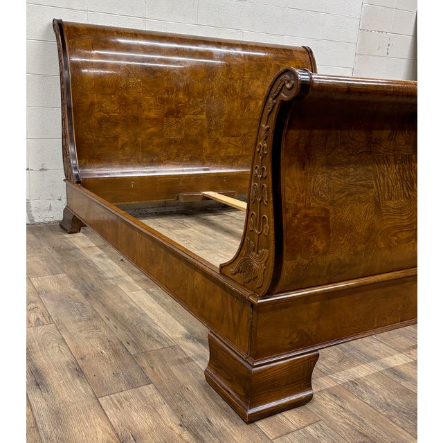 Wood Vintage Henredon King Size Charles X Empire Style Burled Burl Sleigh Bed For Sale - Image 7 of 10