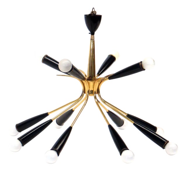 Italian Vintage Hanging Lamp Stilnovo Style Made of Brass with 12 Light Points, 1970s For Sale