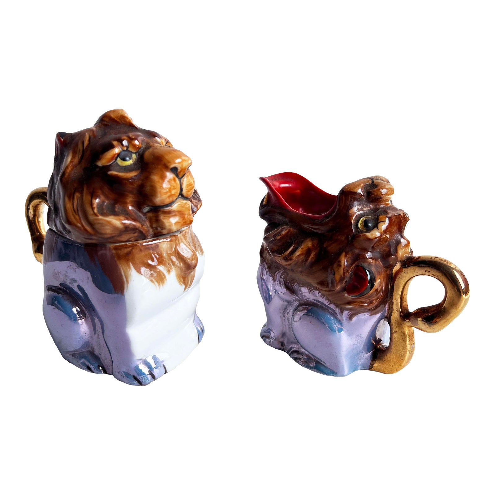 Vintage 1940's Japanese Lusterware Porcelain Lion Creamer and Sugar Set - A Pair