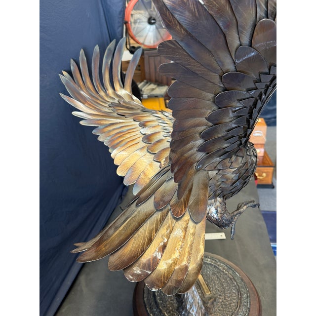 Wood 1980s Richard Prazen “Winged Monarch” Large Handcrafted Metal Eagle Sculpture For Sale - Image 7 of 9