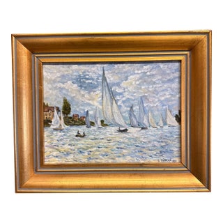 1980s Claude Monets the Boats: Regatta at Argenteuil 1875 by Carol Duncan Oil on Canvas Framed For Sale