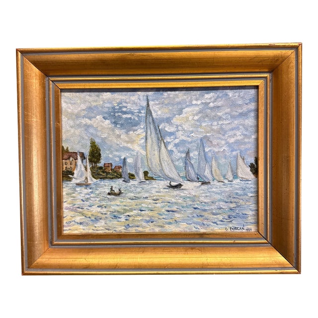 1980s Claude Monets the Boats: Regatta at Argenteuil 1875 by Carol Duncan Oil on Canvas Framed For Sale