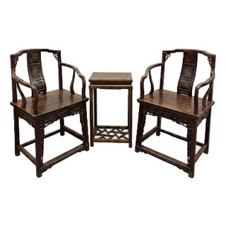 Traditional Chinese Horseshoe-Back Armchairs and Tea Table For Sale