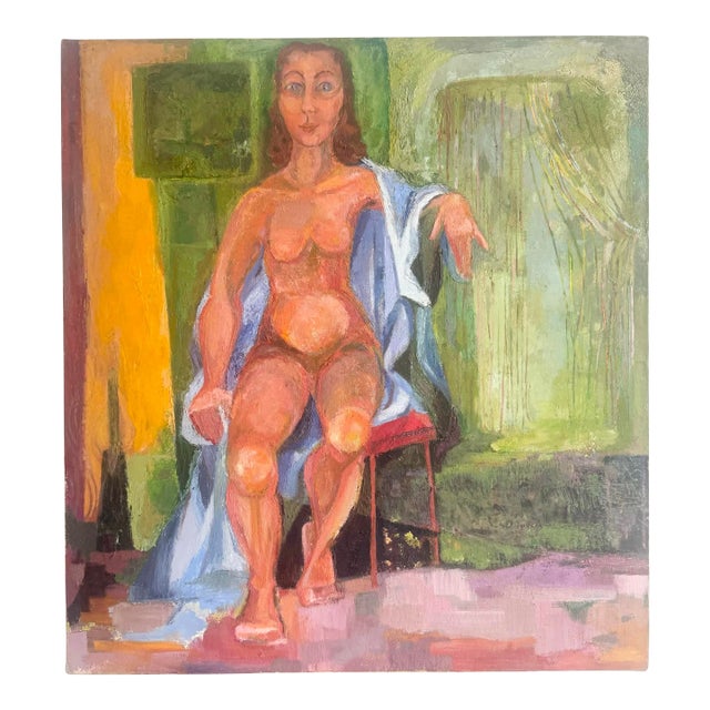 Vintage Original Oil Painting of Nude Woman Sitting For Sale