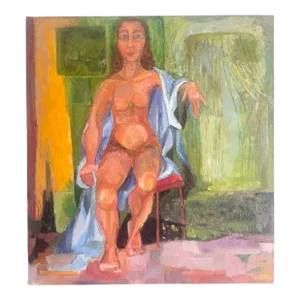 Vintage Original Oil Painting of Nude Woman Sitting