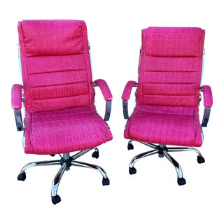 Hot Pink Faux Crocodile Embossed Vegan Leather Rolling Office Chairs - a Pair For Sale