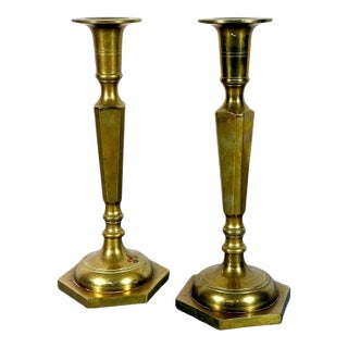 Mid-Century Modern Tall Faceted Brass Candlesticks - A Pair For Sale